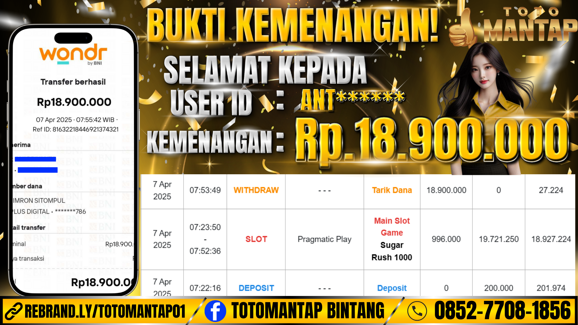 TOTOMANTAP JACKPOT SLOT Mahjong Sugar rush 1000 Rp.18,900,000,-
