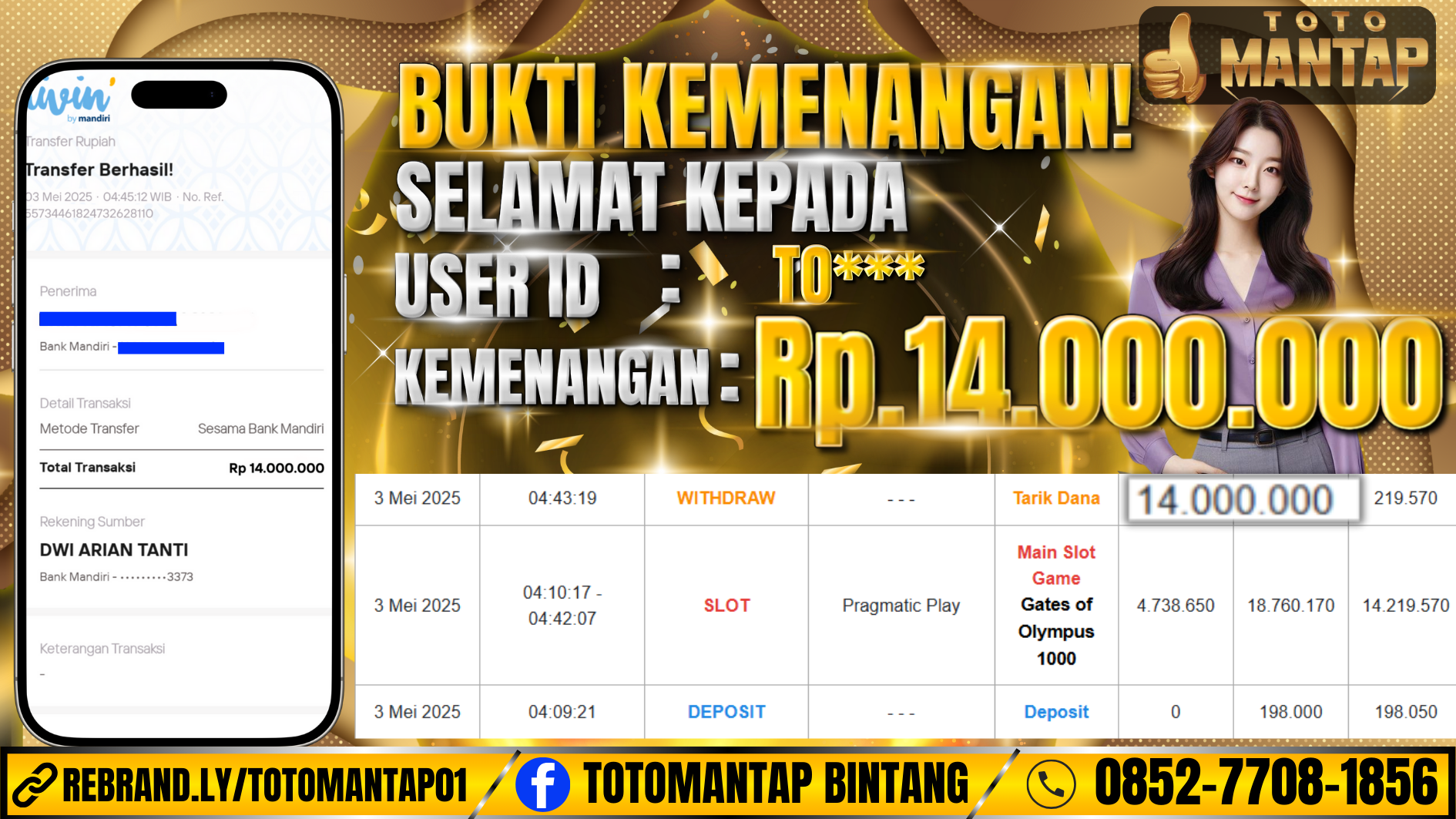 TOTOMANTAP JACKPOT Slot Gates Of Olympus 1000 Rp.14.000.000,-