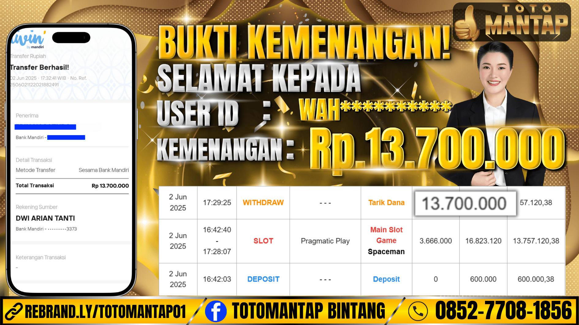 TOTOMANTAP JACKPOT SLOT Spaceman Rp.13,700,000,-
