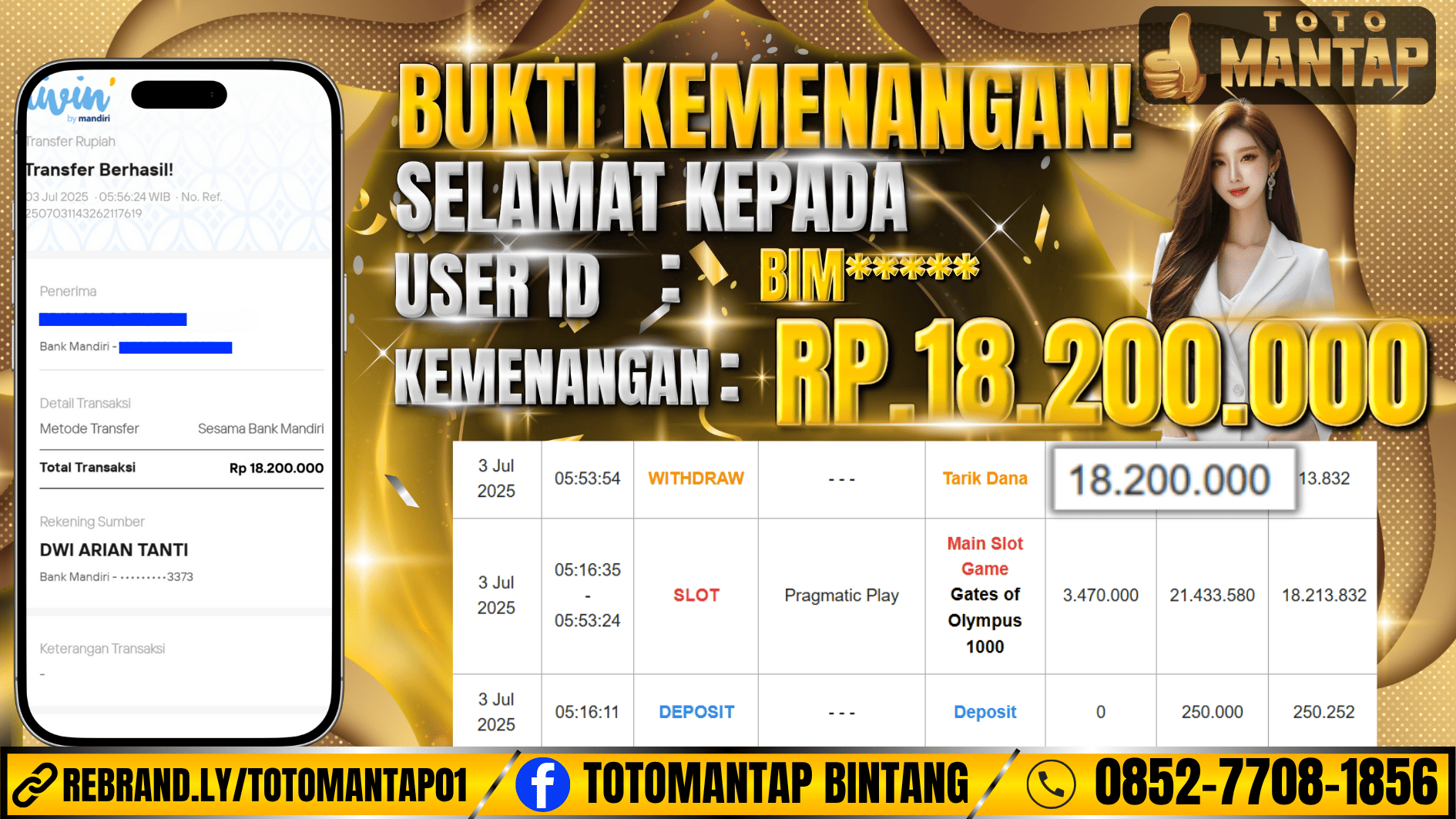 TOTOMANTAP JACKPOT SLOT Gates of Olympus 1000 Rp.18,200,000,-